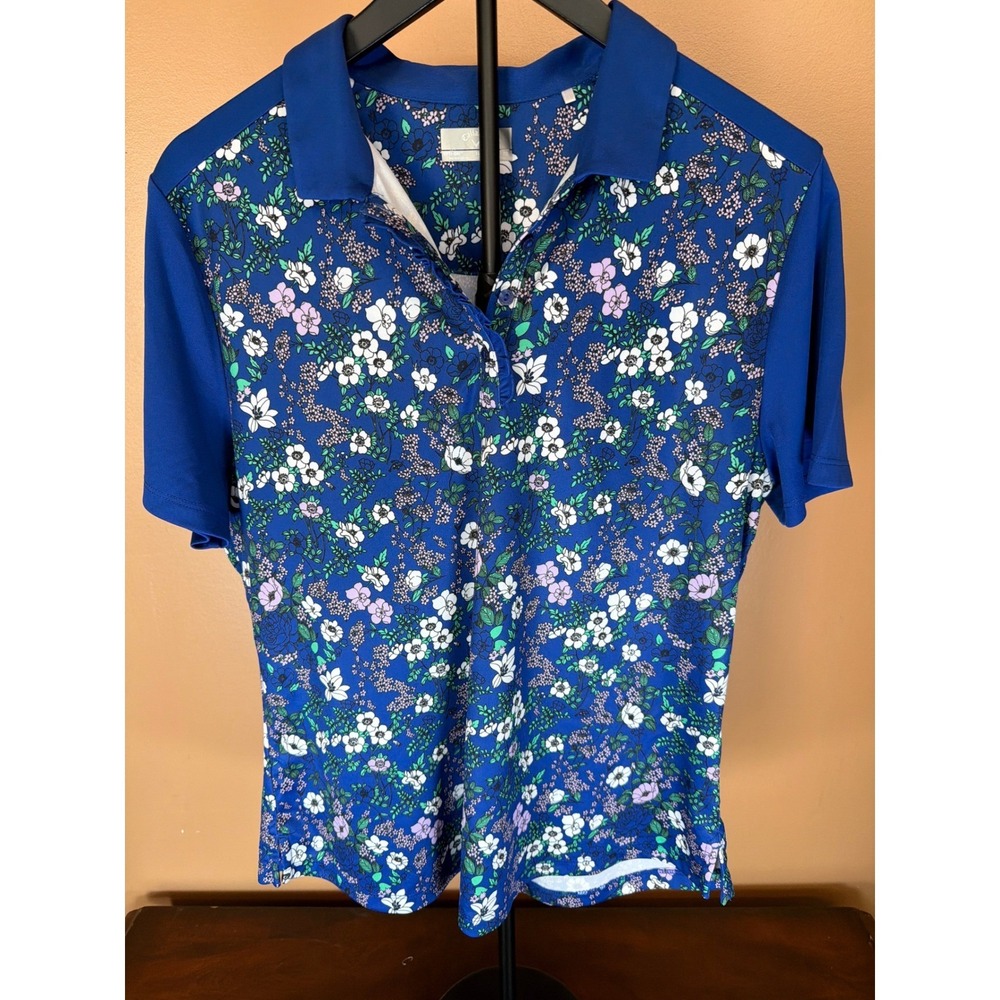 Callaway Opti-Dri Golf Polo Womens XL Blue Floral Ruffle Short Sleeve Shirt